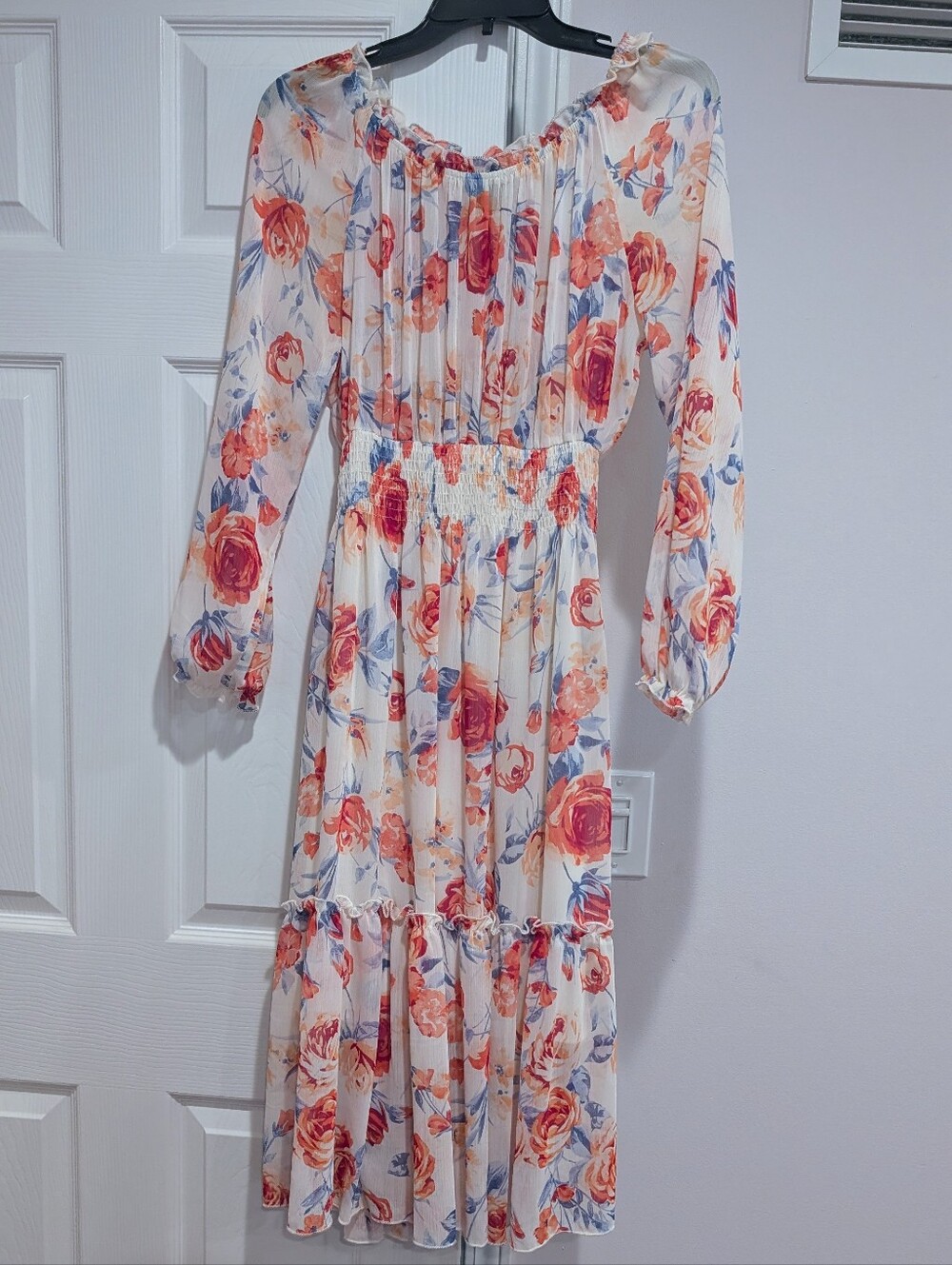 Smocked Waist Long Sleeve Floral Midi Dress in Cream and Coral